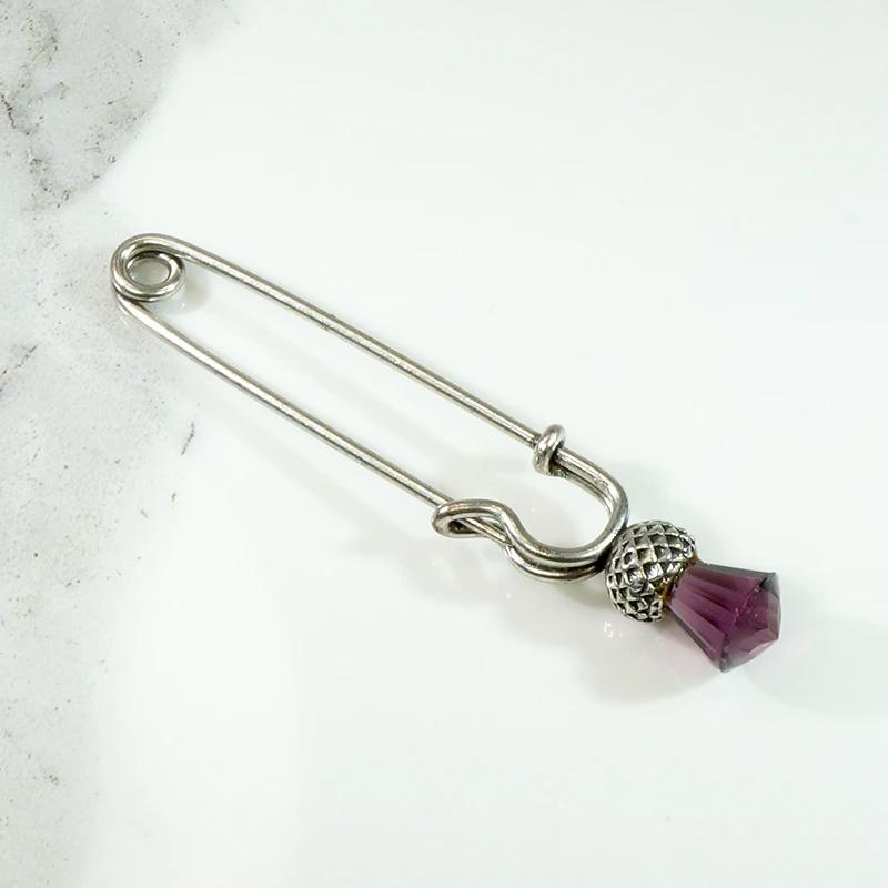 Charming Thistle Kilt Pin in Silver Plate & Glass
