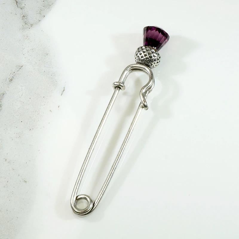 Charming Thistle Kilt Pin in Silver Plate & Glass