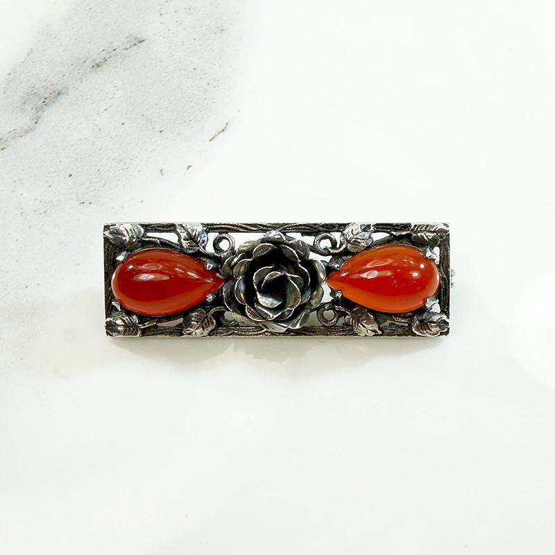 Darkly Romantic Silver Rose & Carnelian Brooch