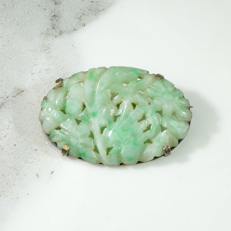 Carved Jade in Silver Floral Brooch
