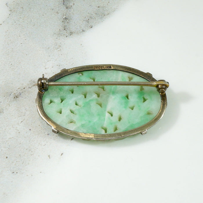 Carved Jade in Silver Floral Brooch