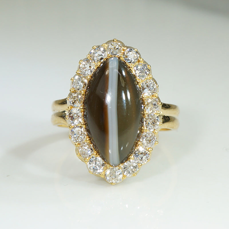 Superb Banded Agate OMC Diamond Halo Ring