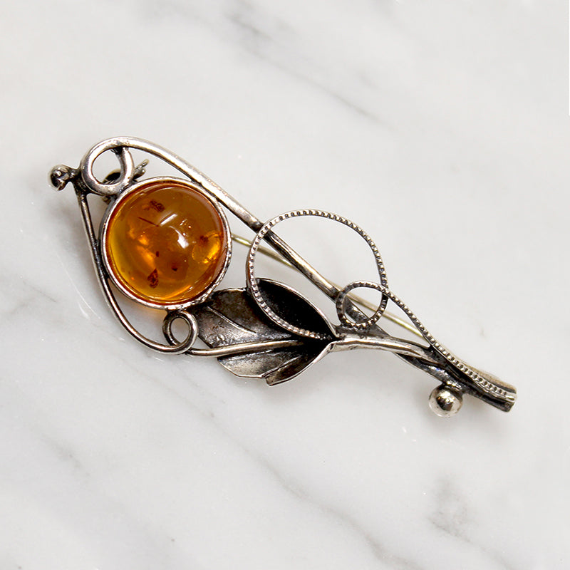 Jaunty Silver Nosegay Brooch with Amber