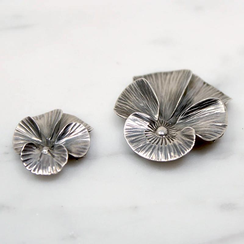 Set of Naturalistic Sterling Pansy Brooches by NYE
