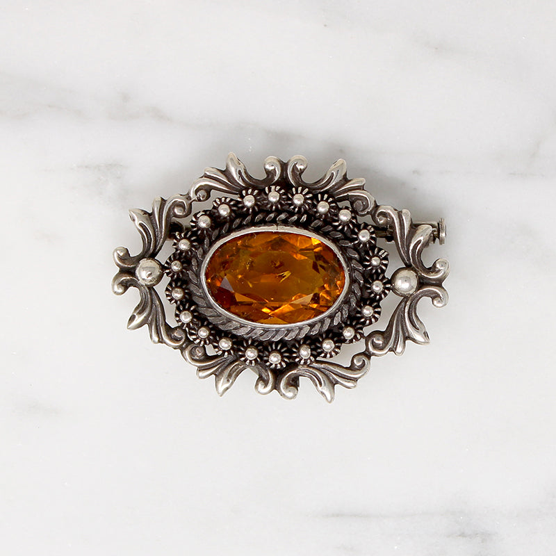 Elaborate Edwardian Citrine & Silver Brooch