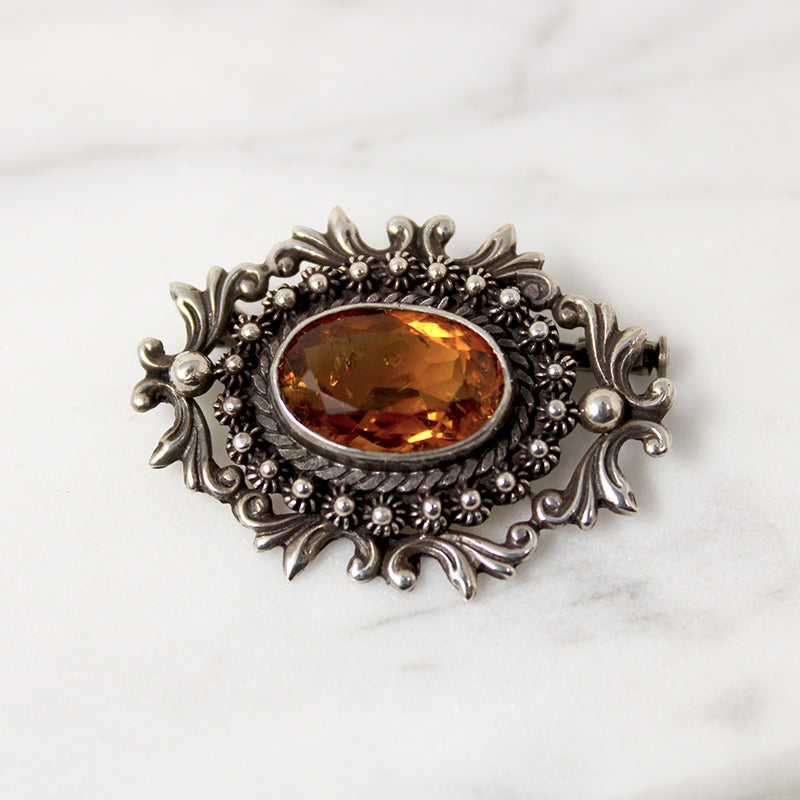 Elaborate Edwardian Citrine & Silver Brooch