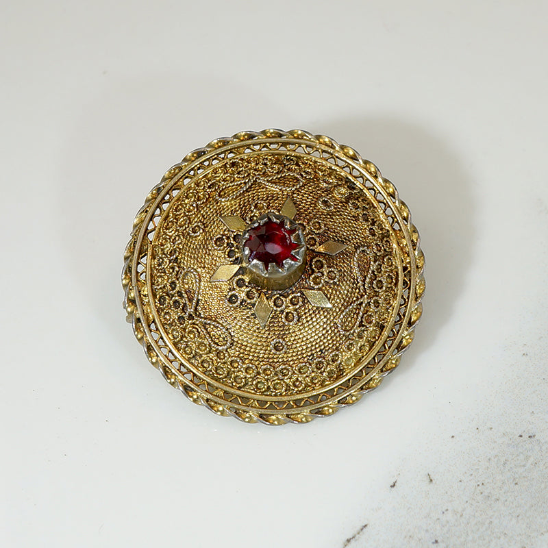 Etruscan Revival Garnet in Silver Gilt Filigree Brooch