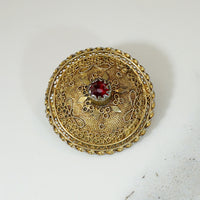 Etruscan Revival Garnet in Silver Gilt Filigree Brooch