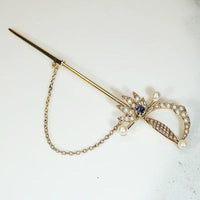 Rakish Sapphire & Pearl Studded Gold Rapier Pin