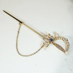 Rakish Sapphire & Pearl Studded Gold Rapier Pin