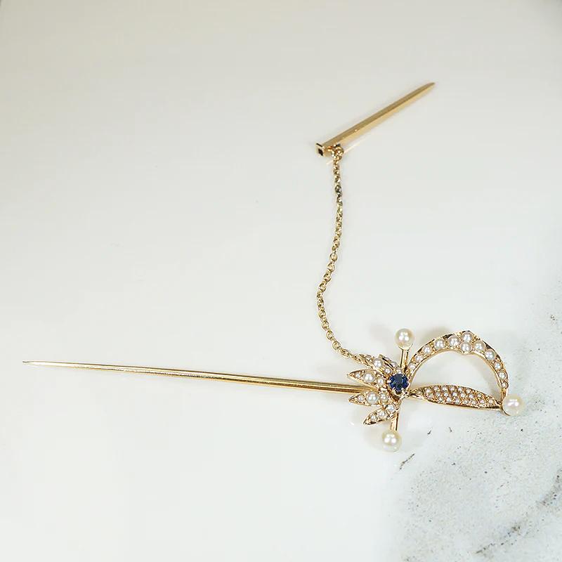 Rakish Sapphire & Pearl Studded Gold Rapier Pin