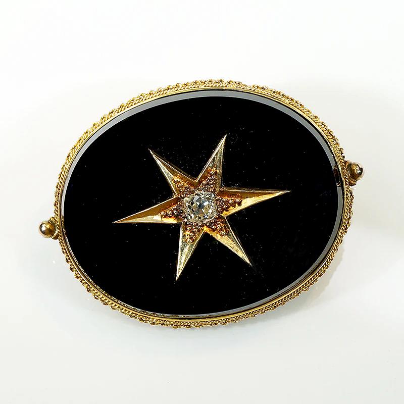Fine Mourning Locket Brooch in 18k Onyx & Diamond