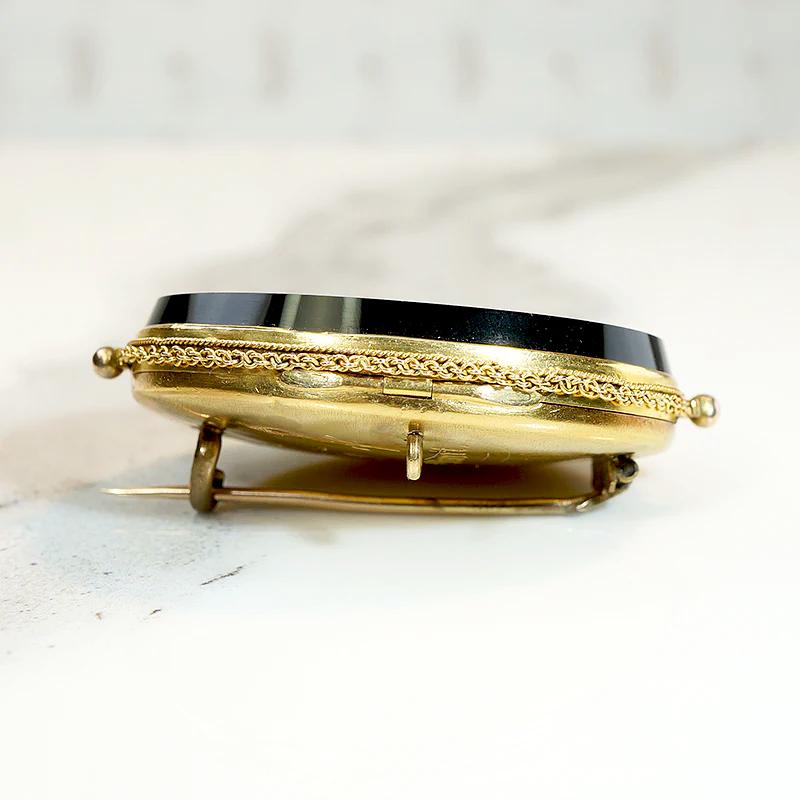 Fine Mourning Locket Brooch in 18k Onyx & Diamond