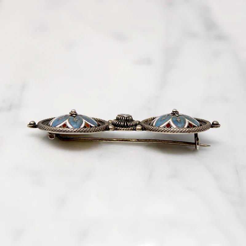 Charming Edwardian Floral Enameled Silver Brooch
