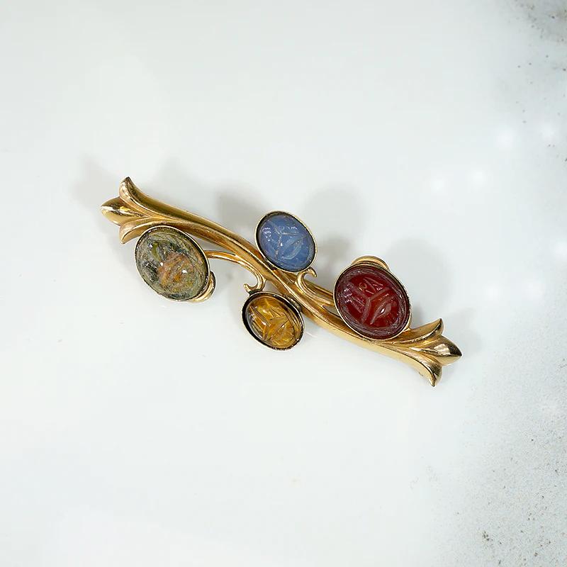 Natural Gemstone Scarab Brooch