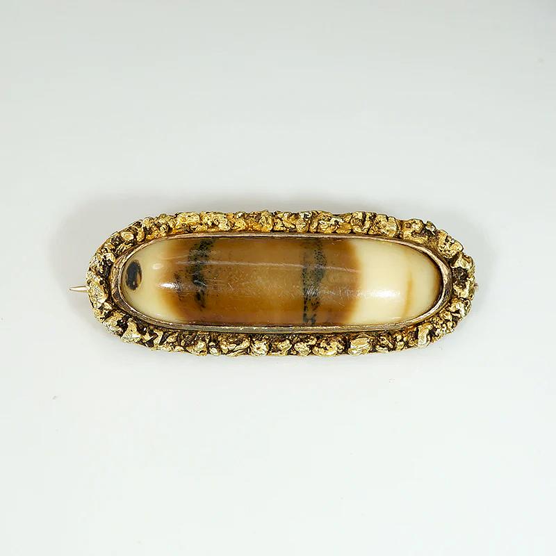 Antique Petrified Mastodon Tusk & Gold Nugget Brooch