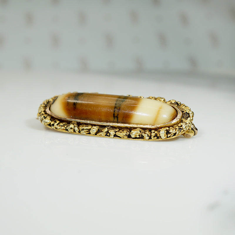 Antique Petrified Mastodon Tusk & Gold Nugget Brooch