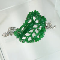 Carved Green Jade & Diamonds in Mid Century Gold Brooch