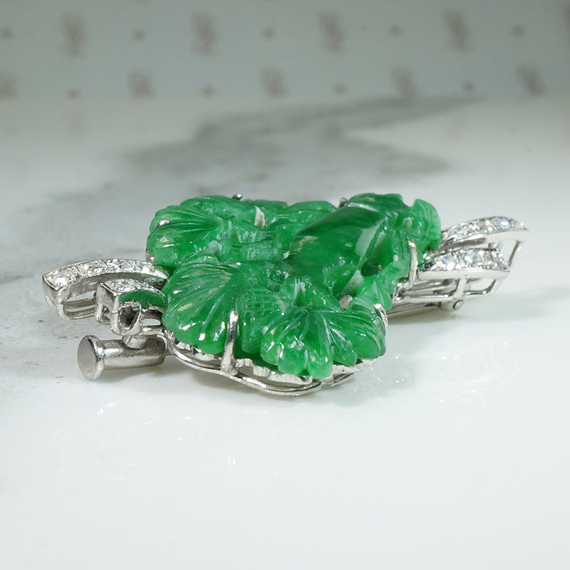 Carved Green Jade & Diamonds in Mid Century Gold Brooch
