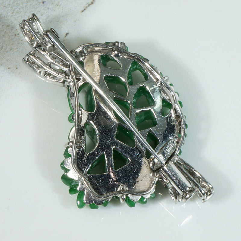 Carved Green Jade & Diamonds in Mid Century Gold Brooch