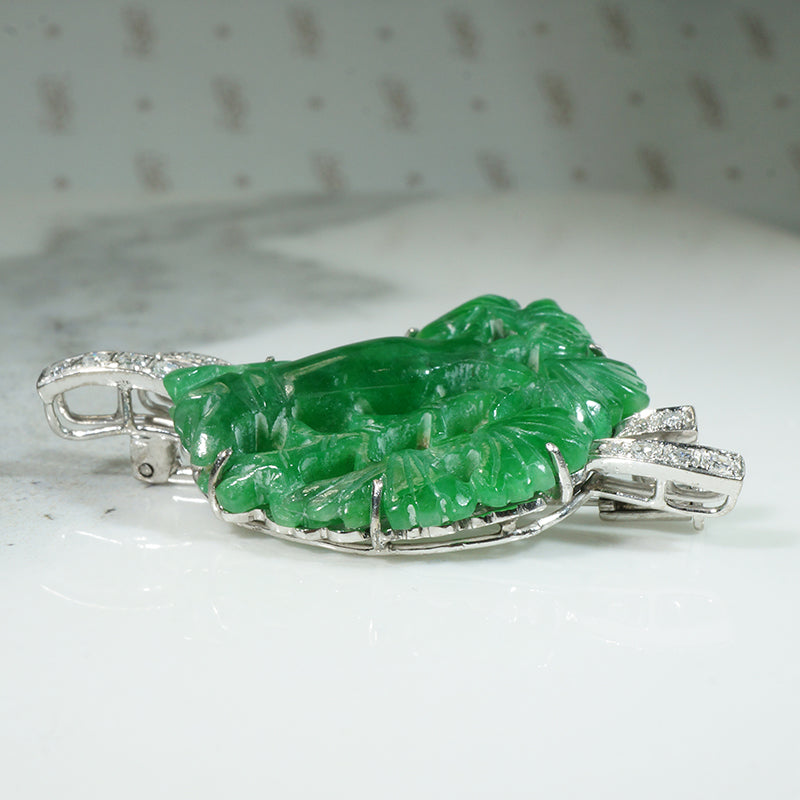 Carved Green Jade & Diamonds in Mid Century Gold Brooch