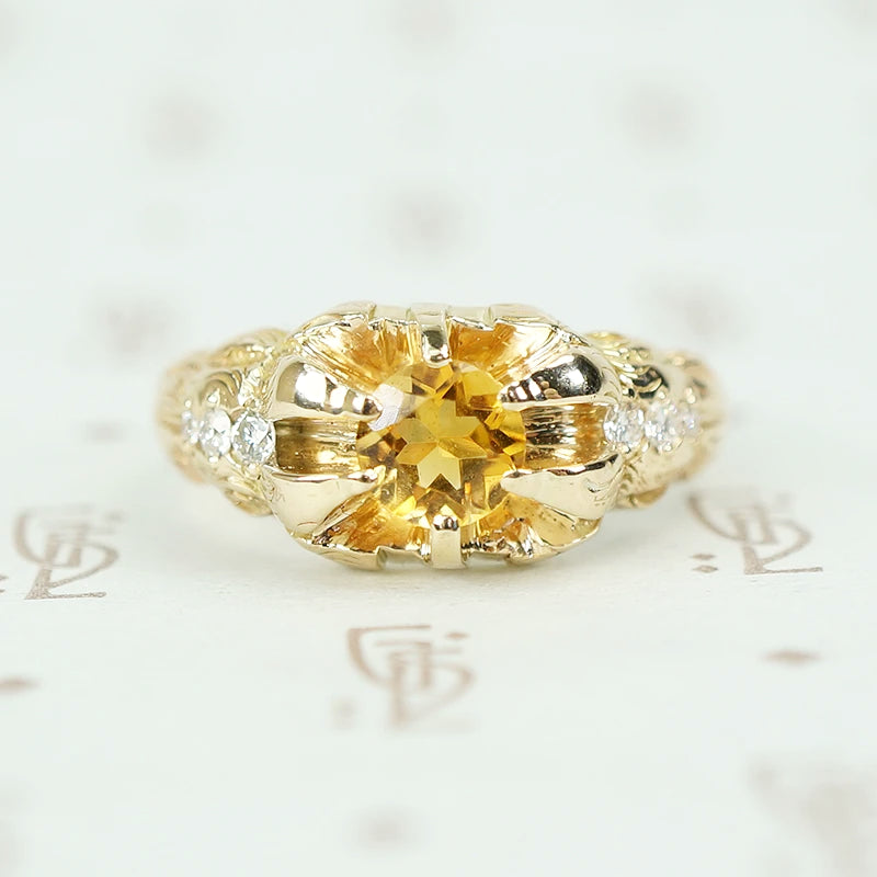 14k yellow gold 1887 gold lions paws belcher ring with cirine and diamond sides