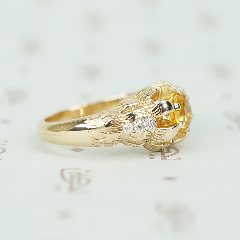 14k yellow gold 1887 gold lions paws belcher ring with cirine and diamond sides