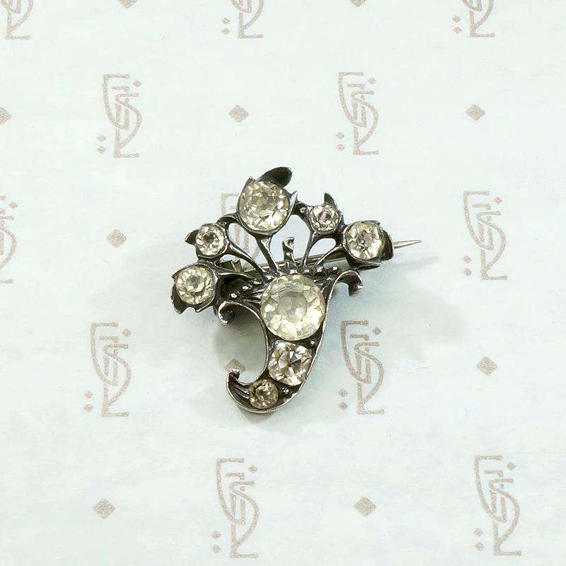Gem Set Love Ornate Silver Gilt Filigree Brooch with Glass Gems