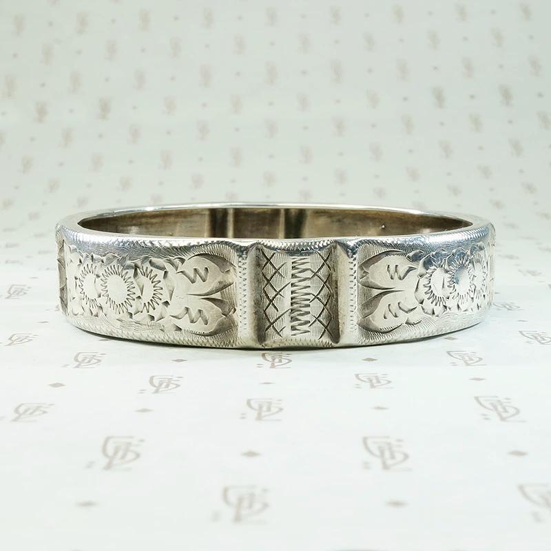 Flowers & Laces Engraved 19th Century Silver Bangle