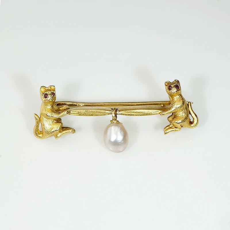 Two Meerkats and a Pearl Antique Figural Brooch
