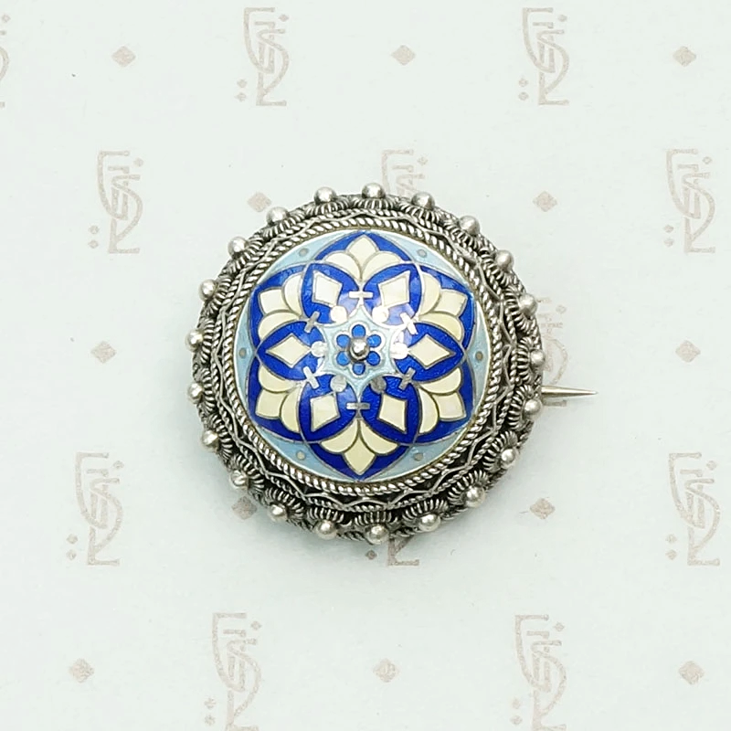 Enameled Brooch in Ornate Silver Frame