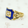 shoulder view of early gold ring featuring roses