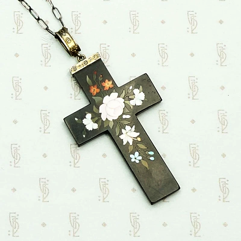 Antique Pietra Dura Floral Cross Necklace. Detail view.