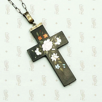 Antique Pietra Dura Floral Cross Necklace. Detail view.