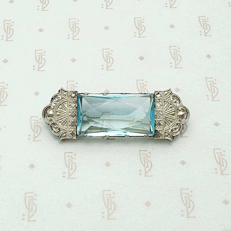 Art Deco brooch in silver plate with blue glass