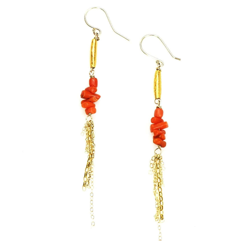 Antique Coral and 14k gold Fringe Earrings by Brunet