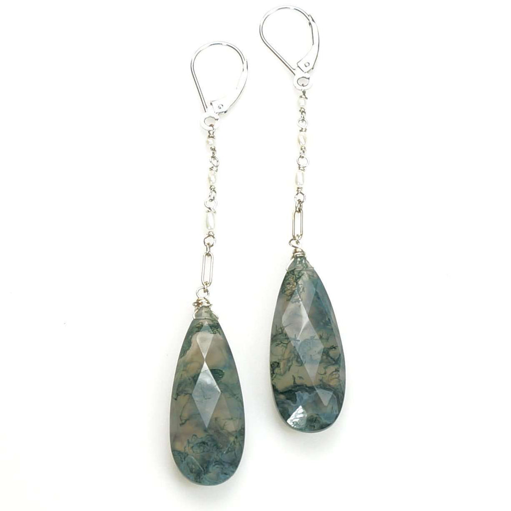 White gold Faceted Moss Agate Pendant Ear Drops by brunet