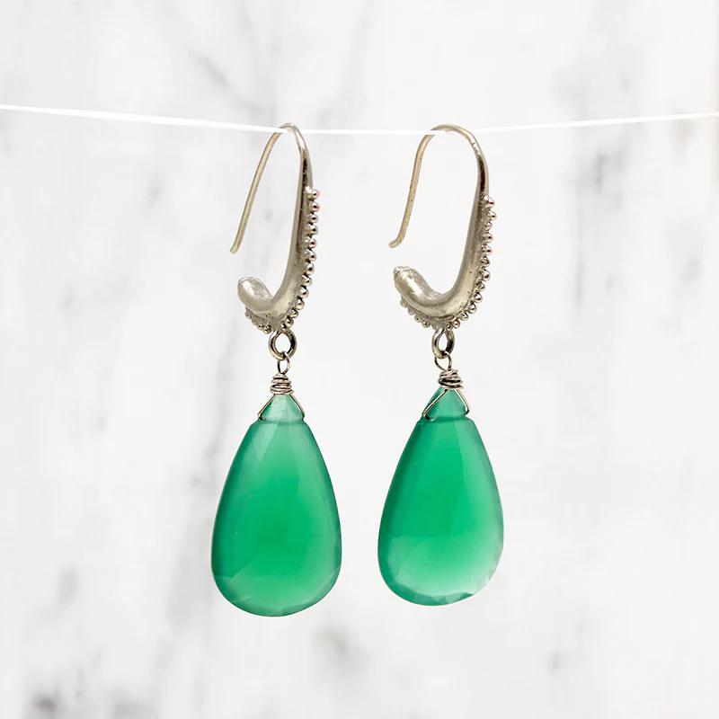 The Mughal Earring by Brunet with Faceted Green Chrysoprase Drops
