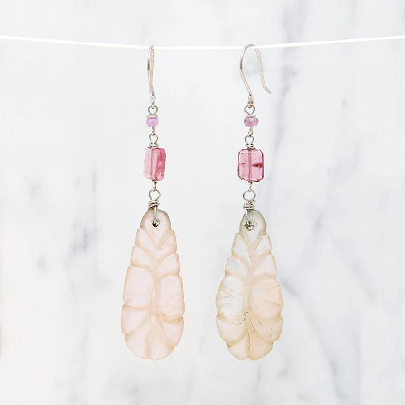 Romantic Carved Rose Quartz & Pastel Gem Earrings by brunet