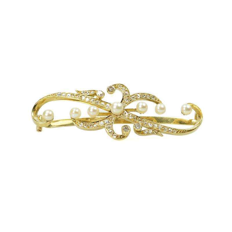 Antique Rose Cut Diamonds & Natural Pearl Hair Barrette in 18k Gold