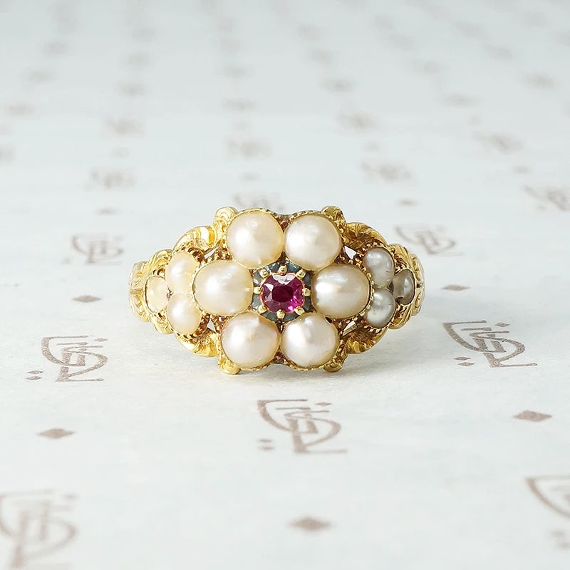 Georgian Rose Pearl and Ruby Locket Ring