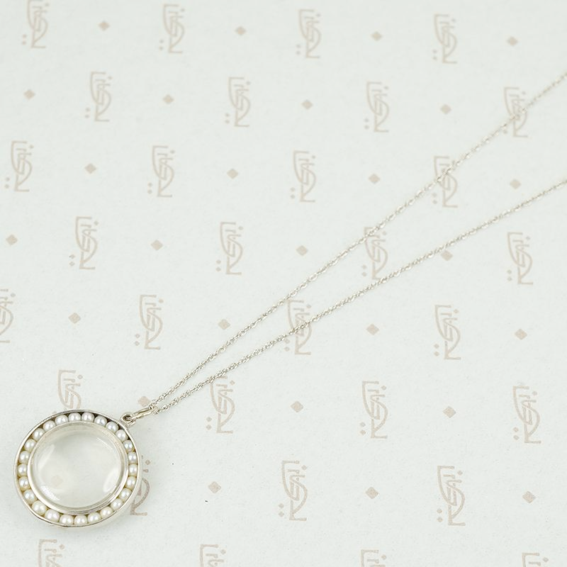 Vintage White Gold Crystal Locket with Pearls