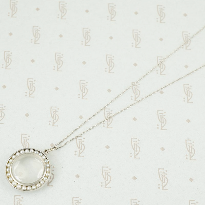 Vintage White Gold Crystal Locket with Pearls