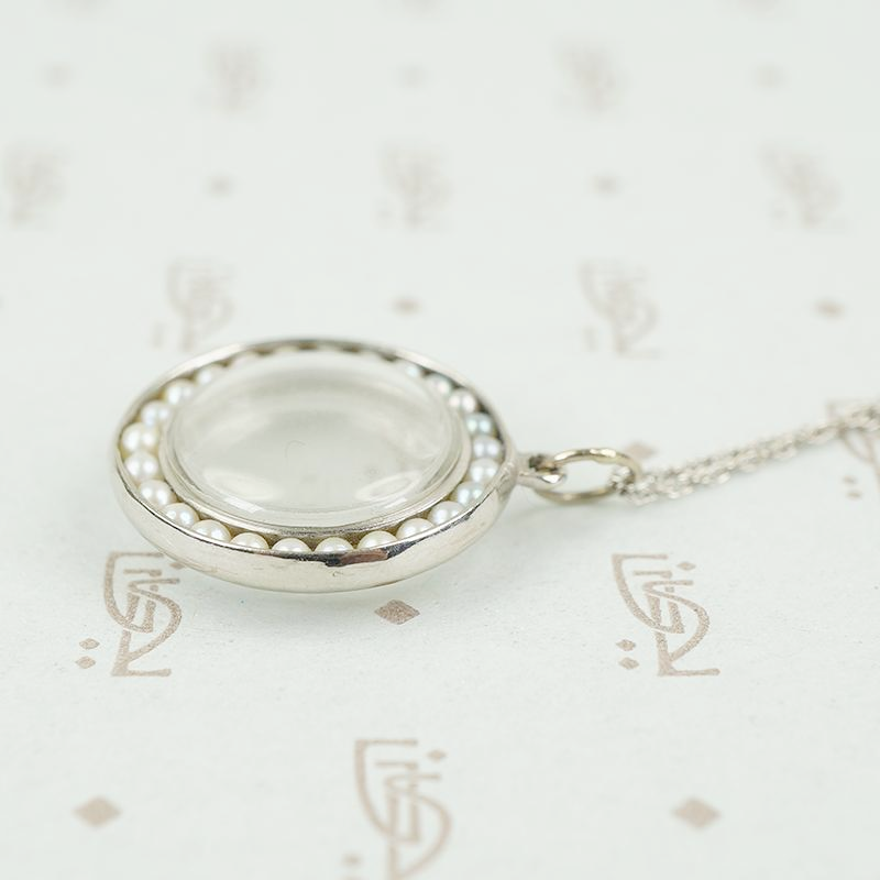 Vintage White Gold Crystal Locket with Pearls