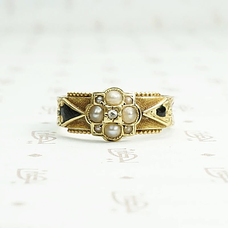English Pearl Diamond and Enamel Victorian Mourning Ring.