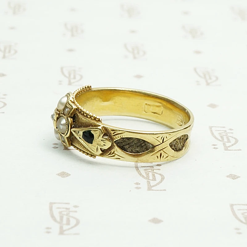 English Pearl Diamond and Enamel Victorian Mourning Ring. Left view.