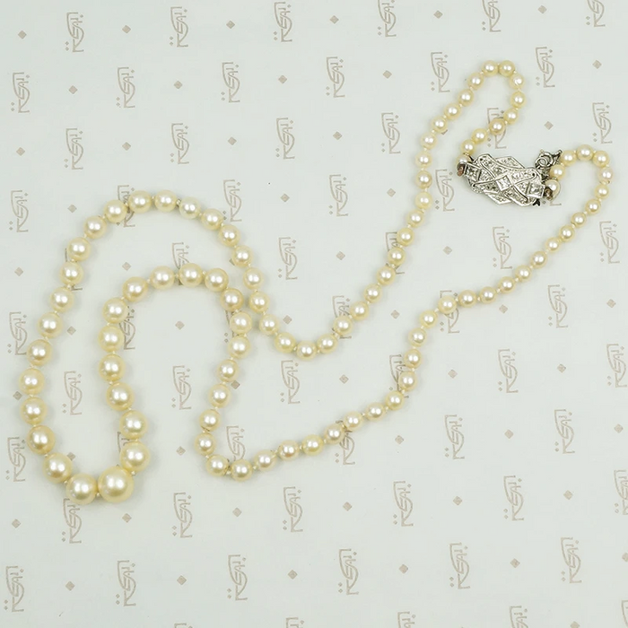 Matinee Length Pearls with Platinum and Diamond Clasp