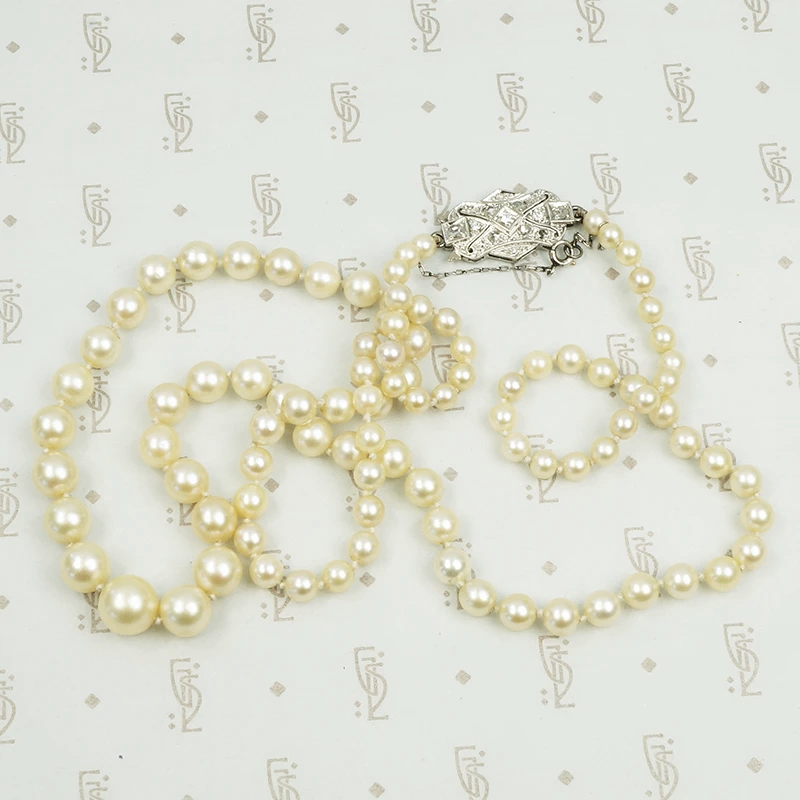 Matinee Length Pearls with Platinum and Diamond Clasp
