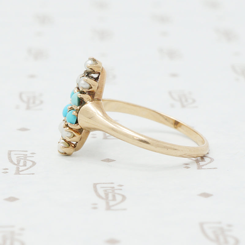 Victorian gold turquoise and pearl ring side view