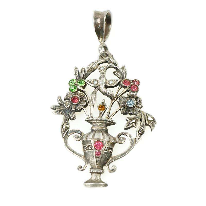 Beautiful Flower Basket Pendant with Bird Silver & Paste